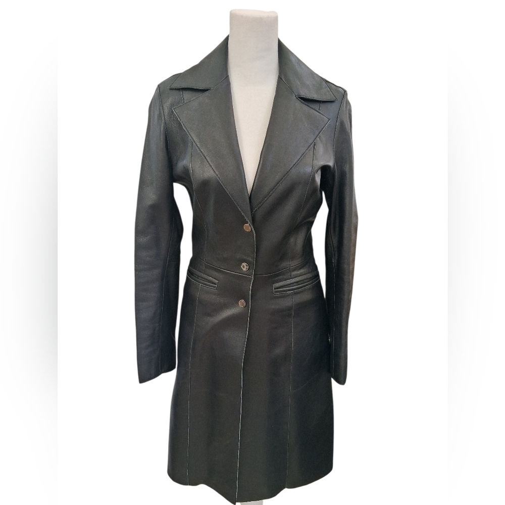 Vintage Bebe Genuine Leather Sleek Black Trench Coat Tailored Fit Sz P Petite S